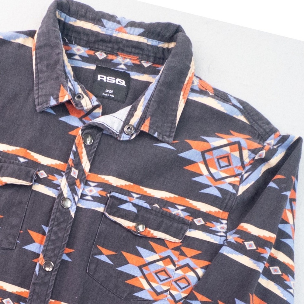 RSQ Mens Large Aztec Southwestern Pearl Snap Shirt Geometric Large